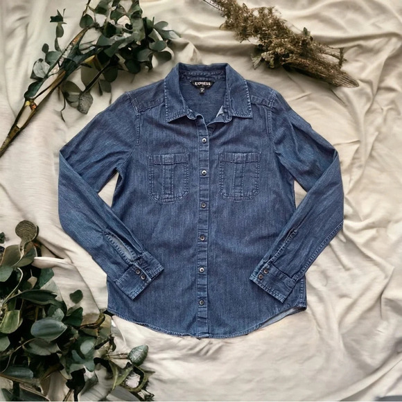 EXPRESS Chambray Button Down Business Casual Cotton Work Dress Shirt Size XS - Picture 1 of 10